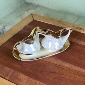 Vintage 1940s Royal Pearl China 22K Gold Creamer & Sugar Bowl